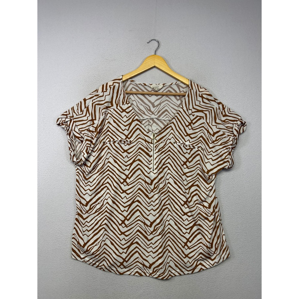 Boho Geometric Flower & Feather Womens 3XL Brown White Zip V-Neck Blouse Top